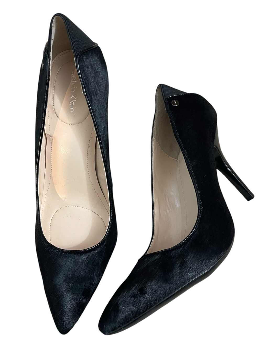 Calvin Klein Solid Black Pointed Toe Calf Hair Stiletto Pumps